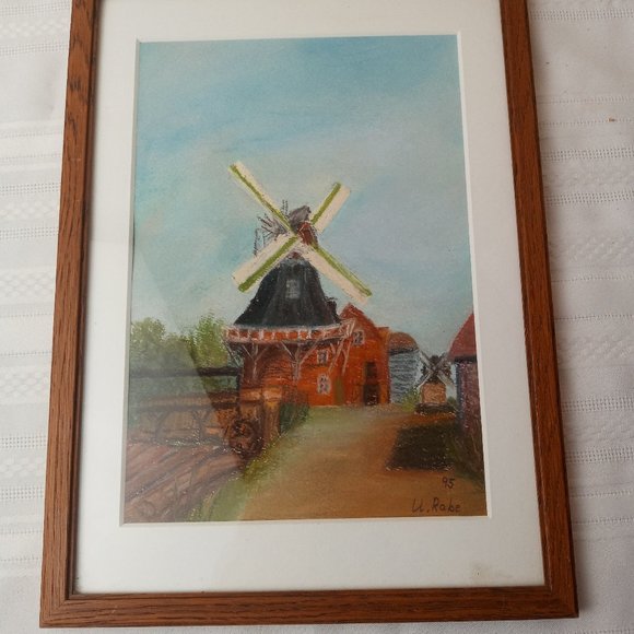 Vintage Windmill Artwork Landscape Colored Pencil Pastels Original Signed U Rabe - Picture 1 of 5